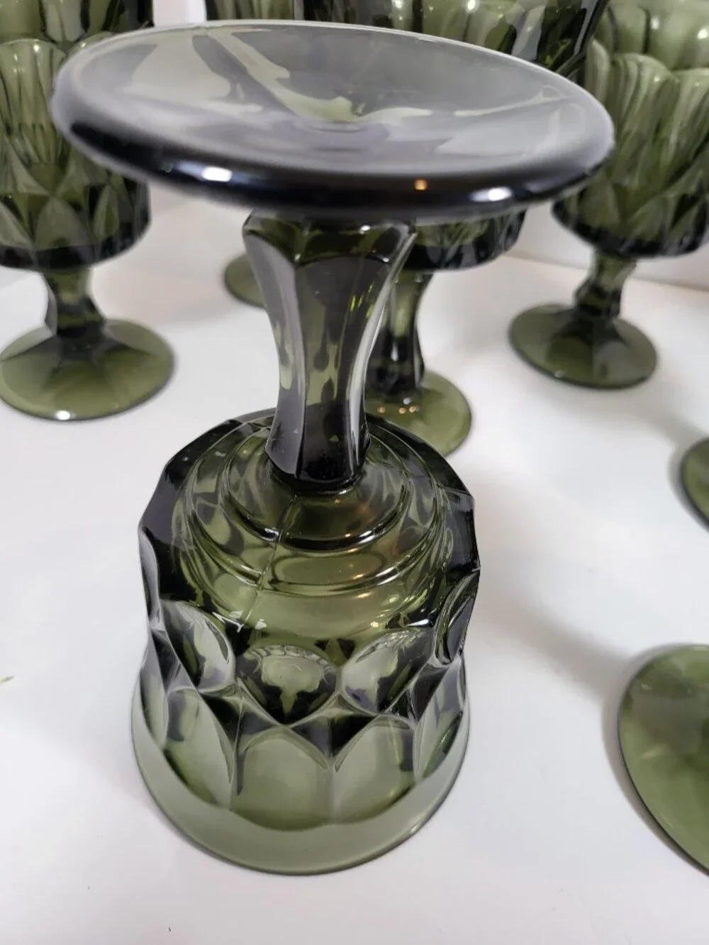 Set of 9(5 Water,4 Wine)1970s Mid Century Modern Avocado Green Pressed Glass Ste